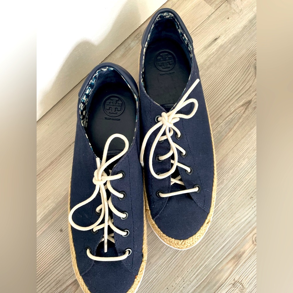 Tory Burch Navy Platform Espadrille Sneakers.